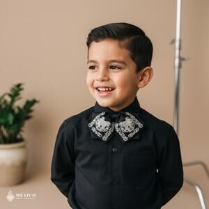 Black Mexican Kids Embroidered Charro Moño – Traditional Baby Mariachi Bow